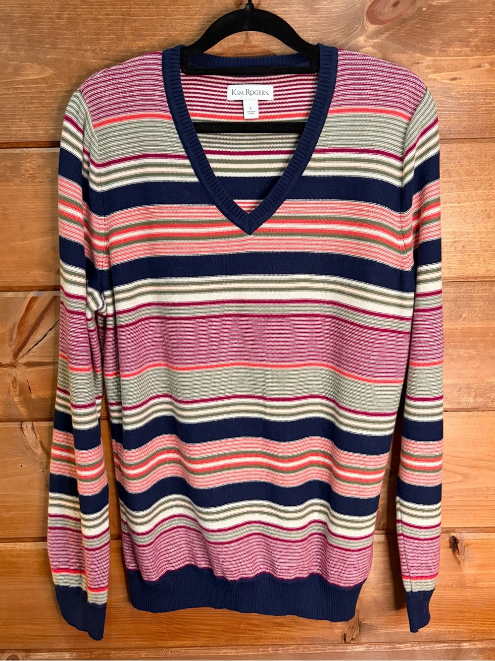 Kim Rogers 100% Cotton Colorful & Navy Striped V-Neck Sweater Size Large 💕